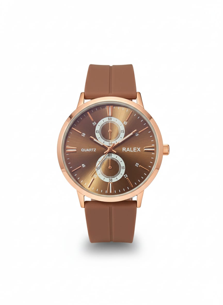 Stylish timepiece with a rose gold case, a white dial, and brown strap.