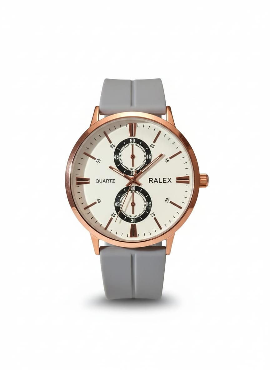 Stylish timepiece with a rose gold case, a white dial, and a grey strap.