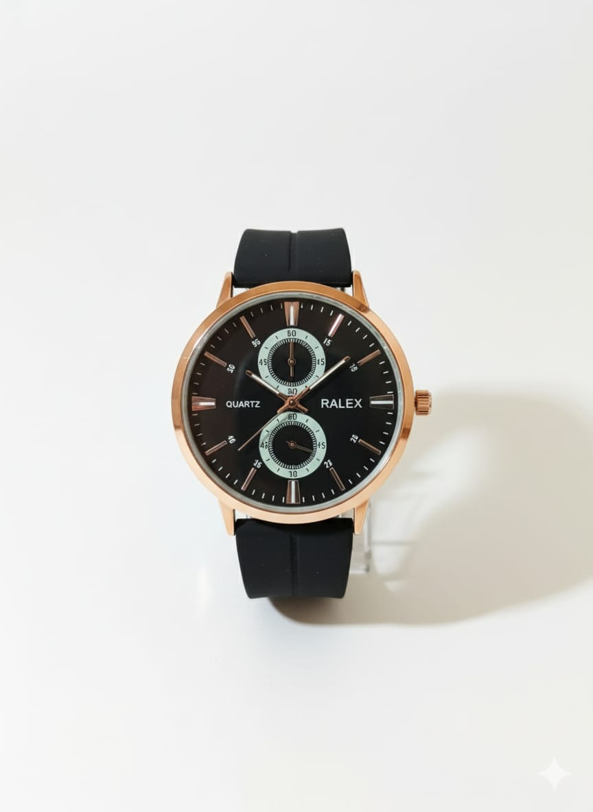 Stylish timepiece with a rose gold case, a black dial, and a black strap.