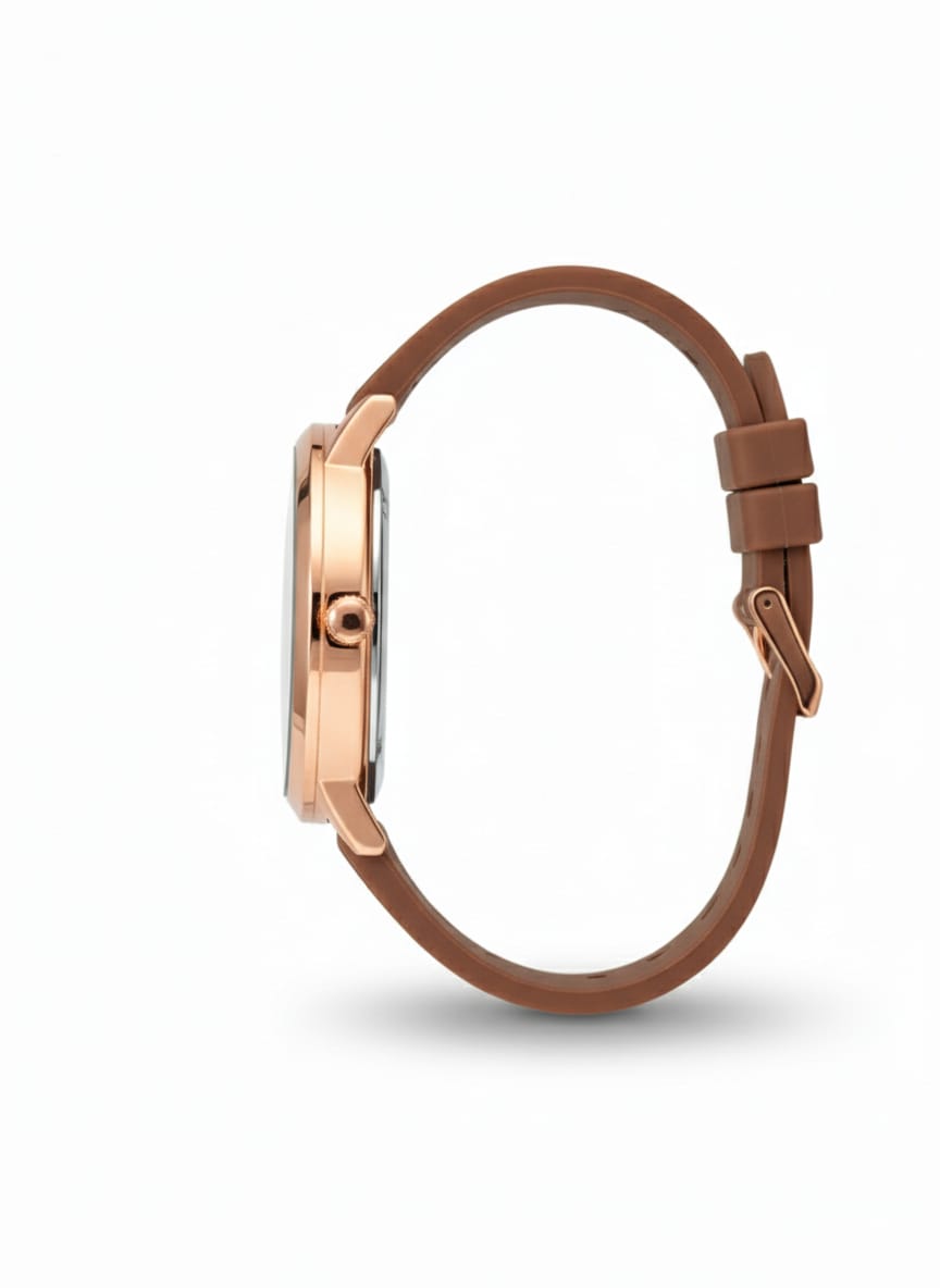 Stylish timepiece with a rose gold case, a white dial, and brown strap.