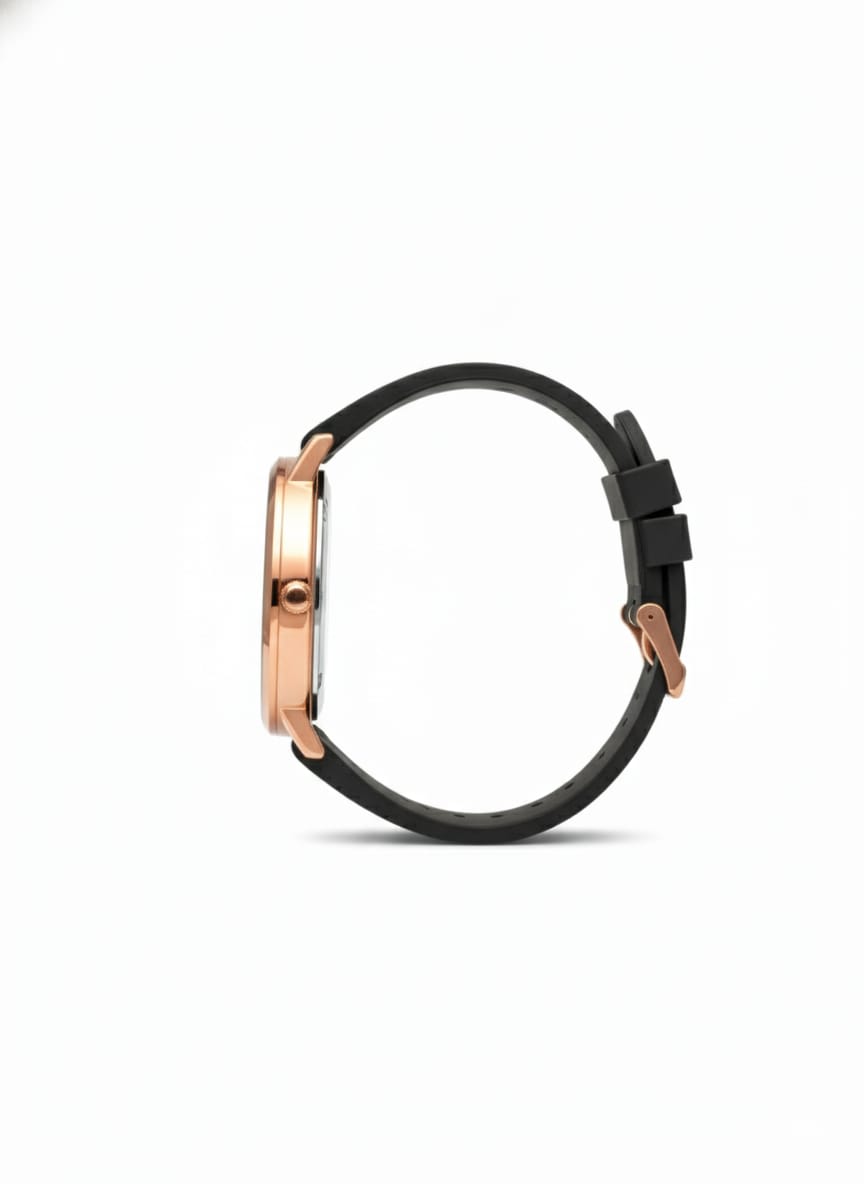 Stylish timepiece with a rose gold case, a black dial, and a black strap.