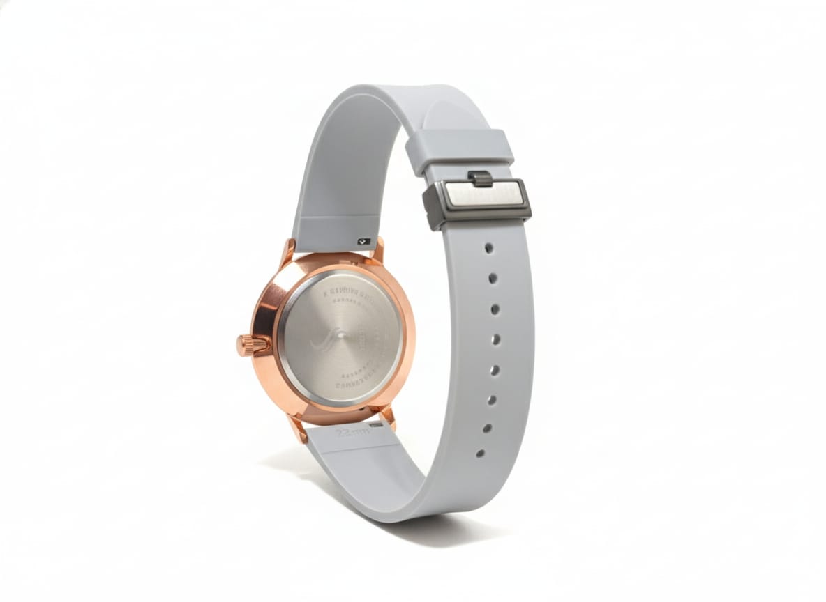 Stylish timepiece with a rose gold case, a white dial, and a grey strap.