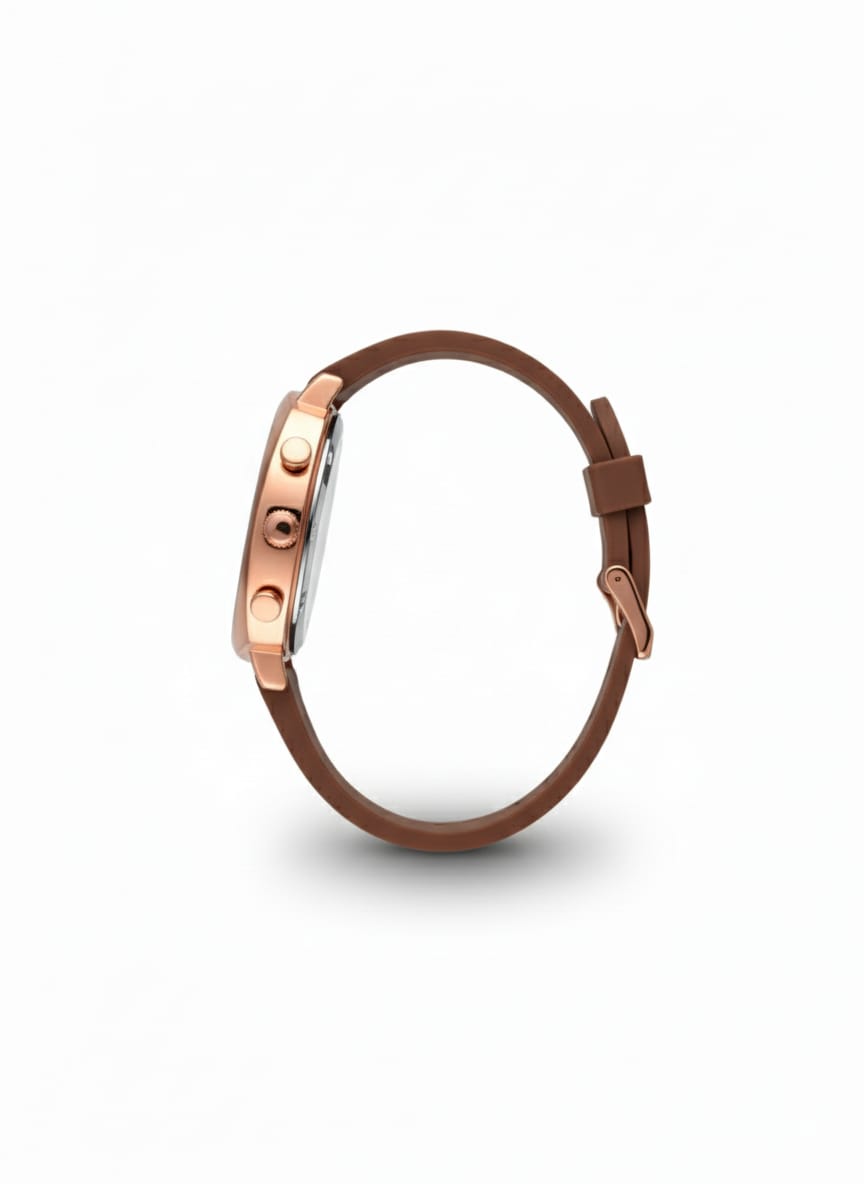 Ralex brand wrist watch with a brown silicone strap and a rose gold-toned case.