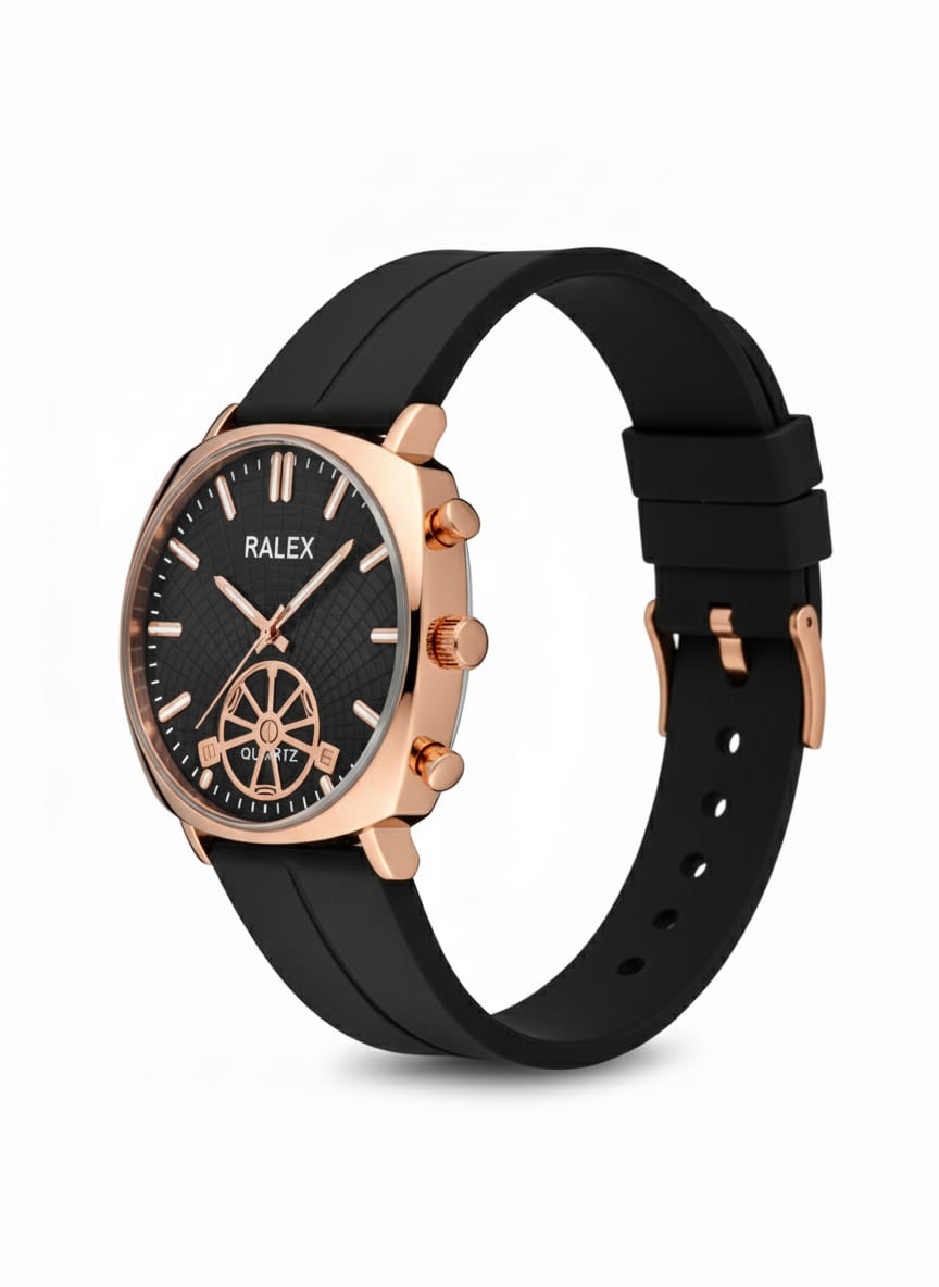 Ralex brand wrist watch with a brown silicone strap and a black -toned case.