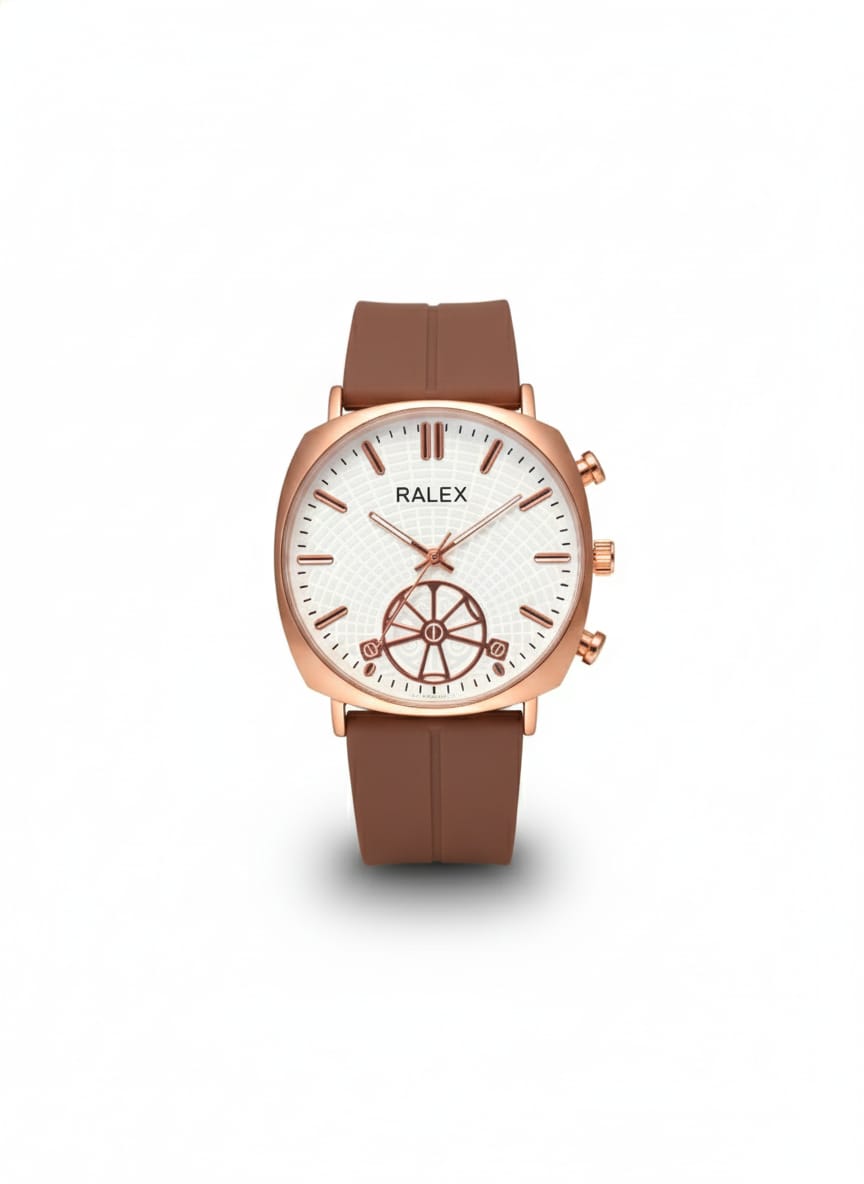 Ralex brand wrist watch with a brown silicone strap and a rose gold-toned case.