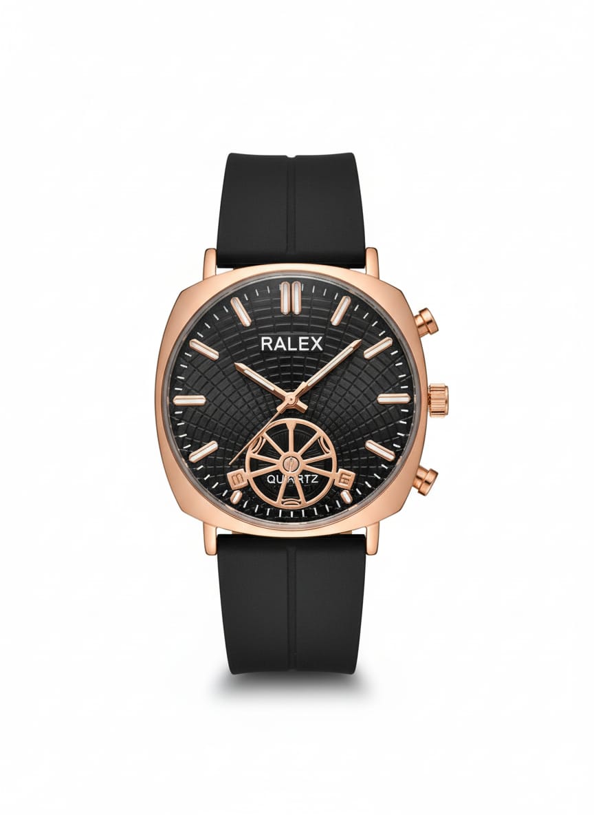 Ralex brand wrist watch with a brown silicone strap and a black -toned case.
