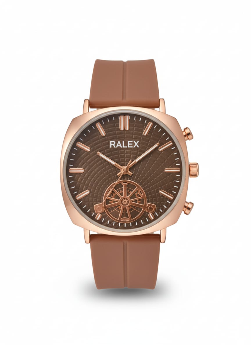Ralex brand wrist watch with a brown silicone strap and a rose gold-toned case.
